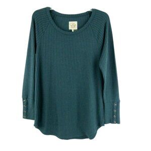 Chaser Green Waffle Knit Thermal Top Shirt Womens Size L Long Sleeve Button Cuff